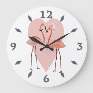 Amo del corazón elegante rosa Flamingo Gran Reloj