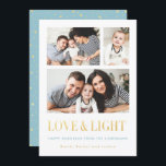 Amo dorado y tarjetas simples de fotos Hanukkah<br><div class="desc">Cuidada, simple y clásica foto de las tarjetas Hanukkah con espacio para tres fotos, las palabras "AMOR y LUZ" en un brillante efecto Relieve metalizado de oro (nota este es solamente un efecto impreso, no un Relieve metalizado real de oro). El diseño del fondo está decorado con un marco de...</div>