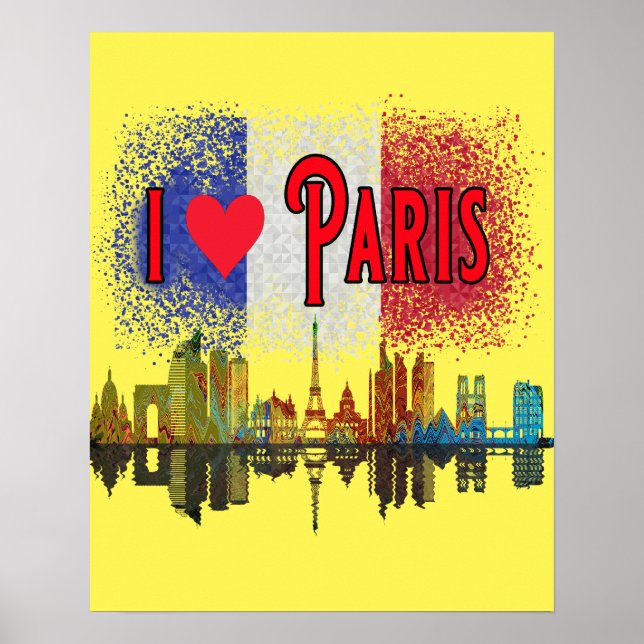 Amo París Skyline Bandera Francesa Poster de arte  (Frente)