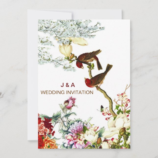 Amor Aves Florecientes y Flores Invitaciones a la  (Anverso)