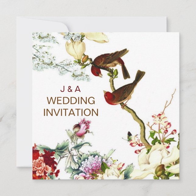 Amor Aves Florecientes y Flores Invitaciones a la  (Anverso)