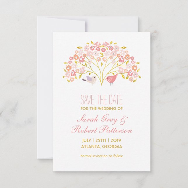 Amor Aves Flores Boda Árbol Guardar La Tarjeta De  (Anverso)