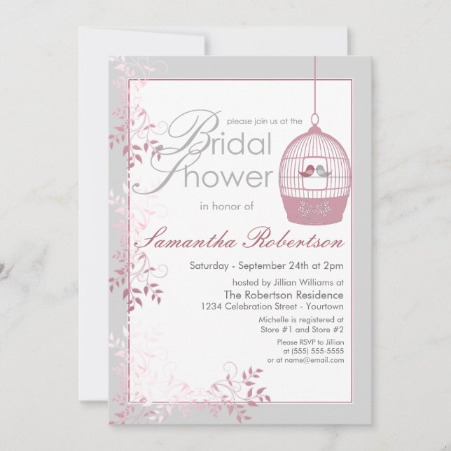 Amor Aves Invitaciones a ducha de novias rosadas (Anverso)