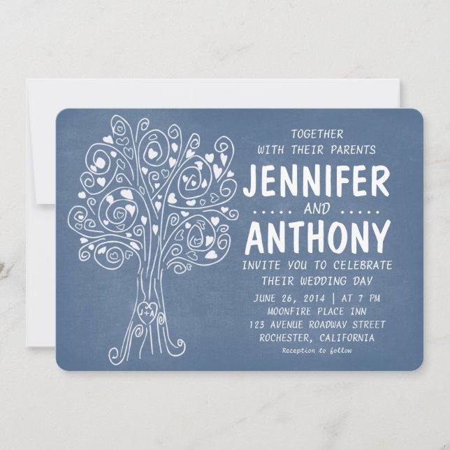 amor azul corazones árbol invitación de boda rústi (Anverso)