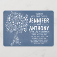 amor azul corazones árbol invitación de boda rústi