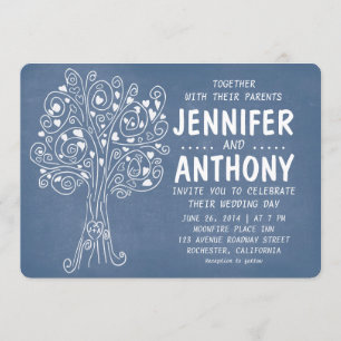 amor azul corazones árbol invitación de boda rústi