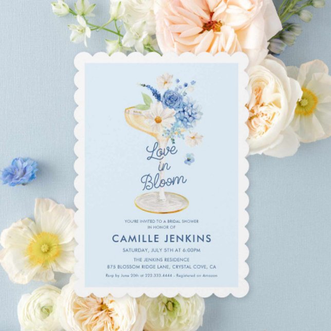 Amor azul en una invitación a una novia floral en  (Blue Floral Love in Bloom Bridal Shower invitation)