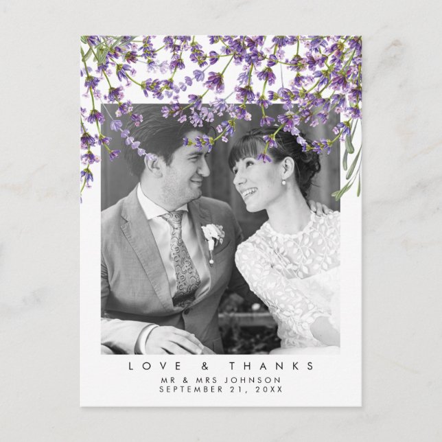 Amor boda y gracias lavanda postal (Anverso)