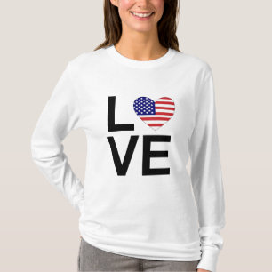 AMOR Corazón Bandera de EEUU Rojo Camiseta Blanca 