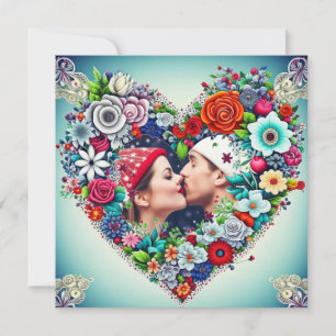 Amor   Corazón floral Verde azulado y rojo con fot