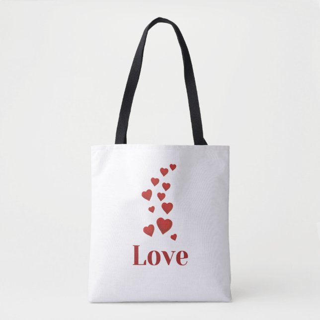 AMOR, corazones rojos, bolsa de tocador blanca. (Anverso)