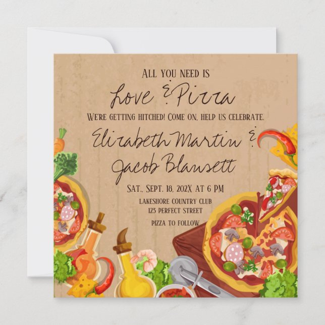 Amor divertido e invitación a la boda de pizza (Anverso)
