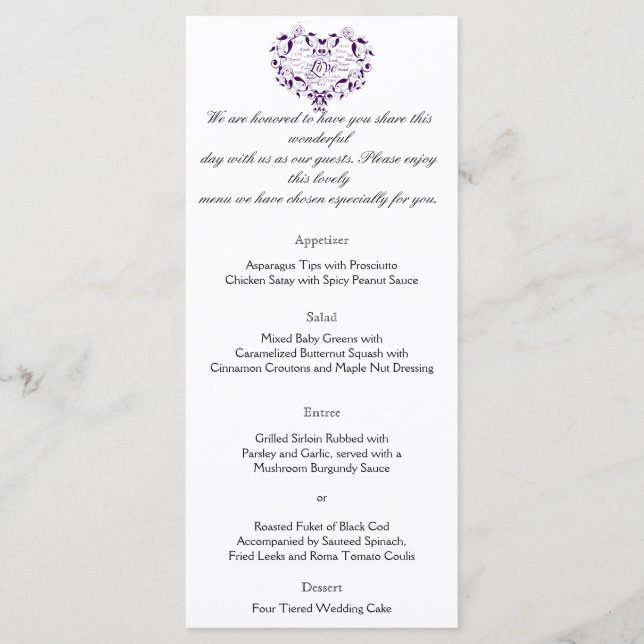 Amor en cualquier idioma en el menú Boda morado (Anverso)