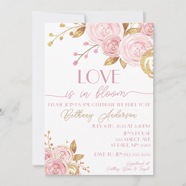 Amor en flor Invitación a ducha de novias rosadas  (Anverso)