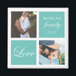 Amor familiar | Imán fotográfico personalizado<br><div class="desc">Paleta de color Pastel dos imanes de fotos personalizadas con guión elegante "amor" y "familia" y su propio monograma y fecha. Hermosa decoración personalizada de casa acento o un regalo para tus amigos y familia</div>