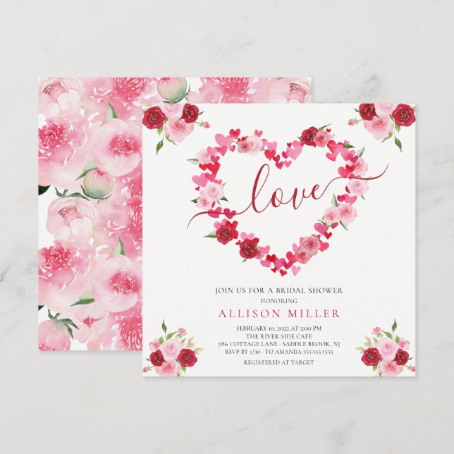 Amor Floral Corazón Bridal Ducha Invitación (Anverso / Reverso)