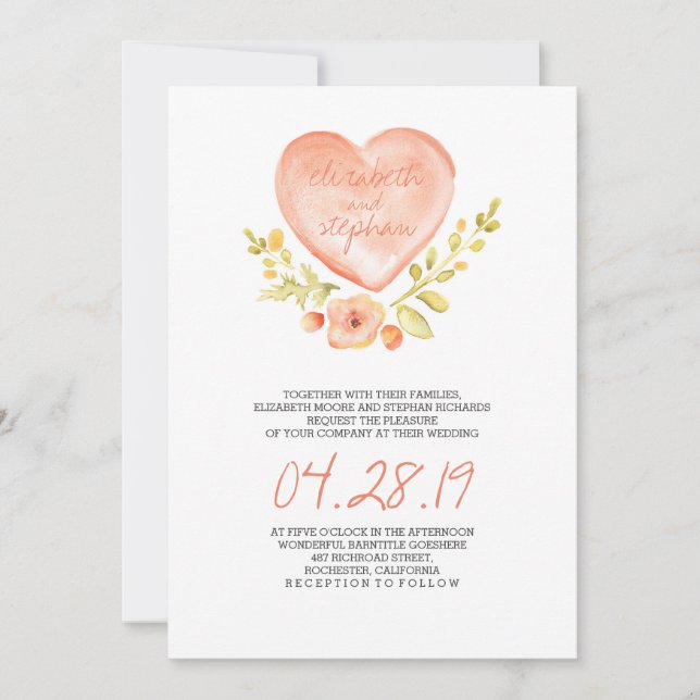 amor flores de corazón invitación a la boda acuare (Anverso)