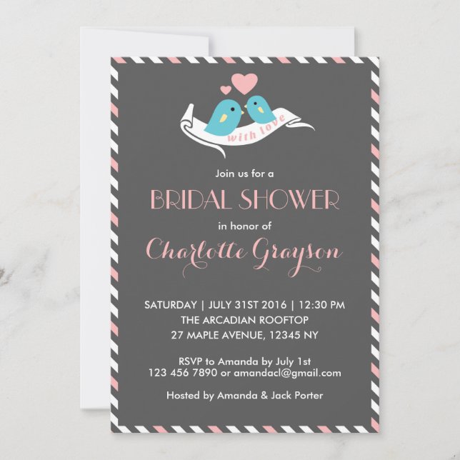 Amor gris rosado Aves Novias Invitación a ducha de (Anverso)