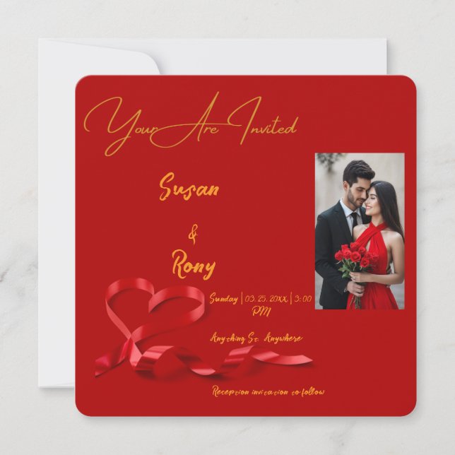 Amor Lustroso : Invitación a la Boda Roja y de Oro (Anverso)