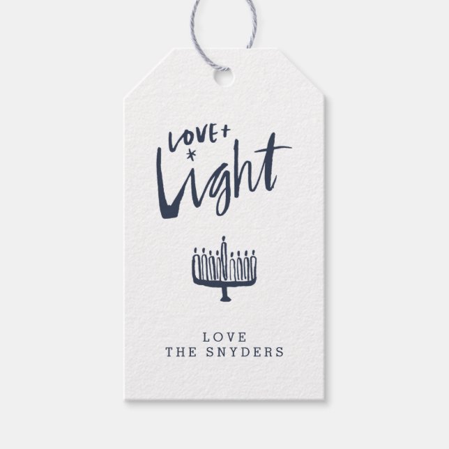 Amor + Luz Hanukkah Etiqueta de regalo - Oscuro (Anverso)