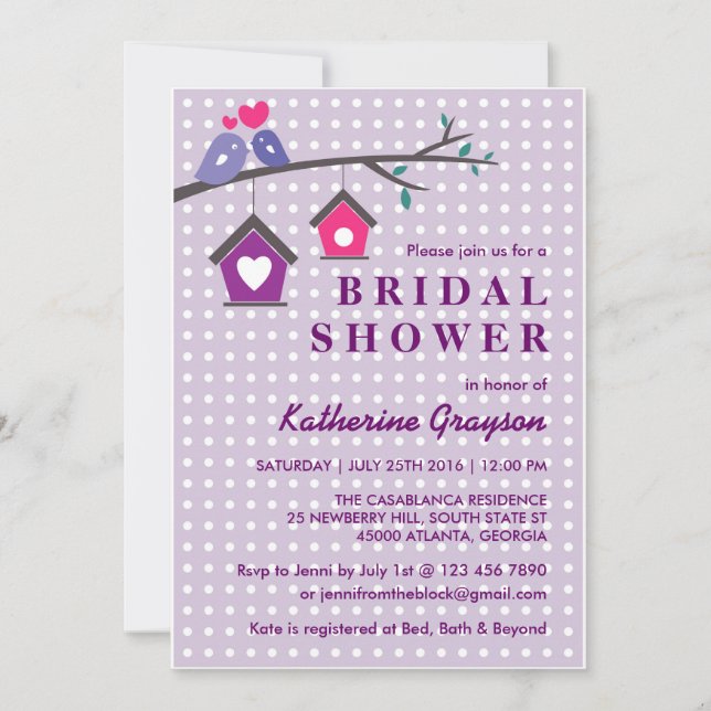 Amor morado Aves Polka Dots Invitación (Anverso)