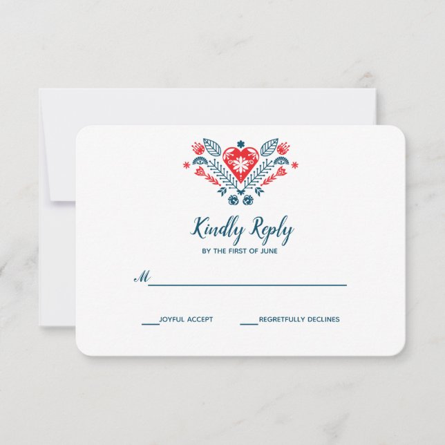 Amor nórdico en rojo y azul | RSVP de boda (Anverso)