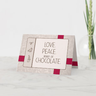 Amor. Paz. Chocolate. Tarjeta de navidad