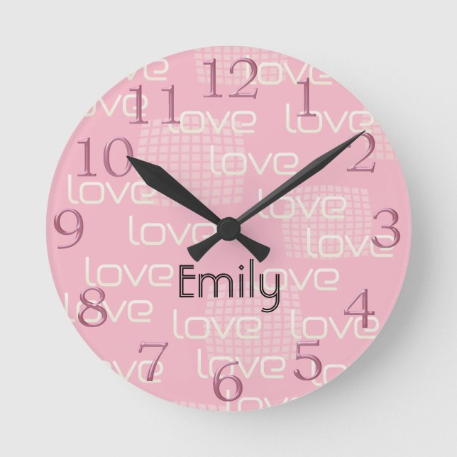 Amor rosado lindo Añadir nombre reloj de pared (Anverso)