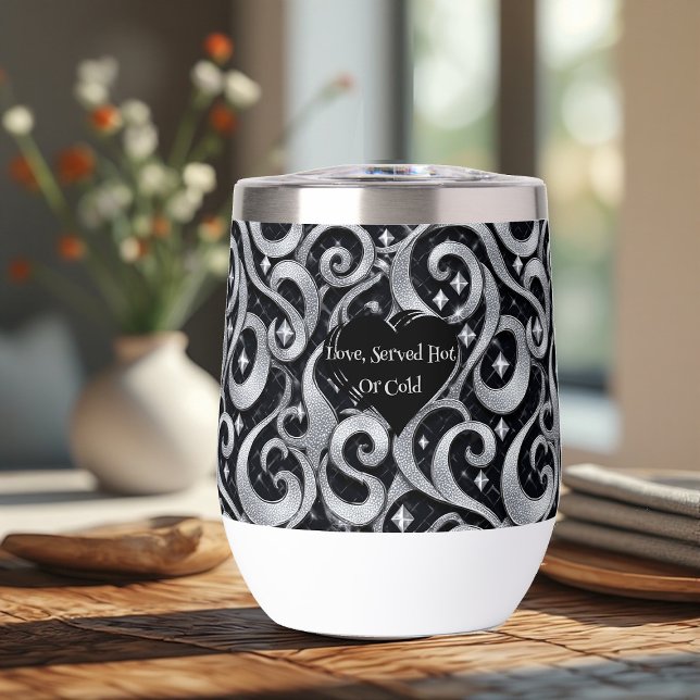 Amor Servido Caliente o Frío Lujo Funky Plata (Love Served Hot or Cold Silver Bling Luxury Funky Thermal Wine Tumbler)