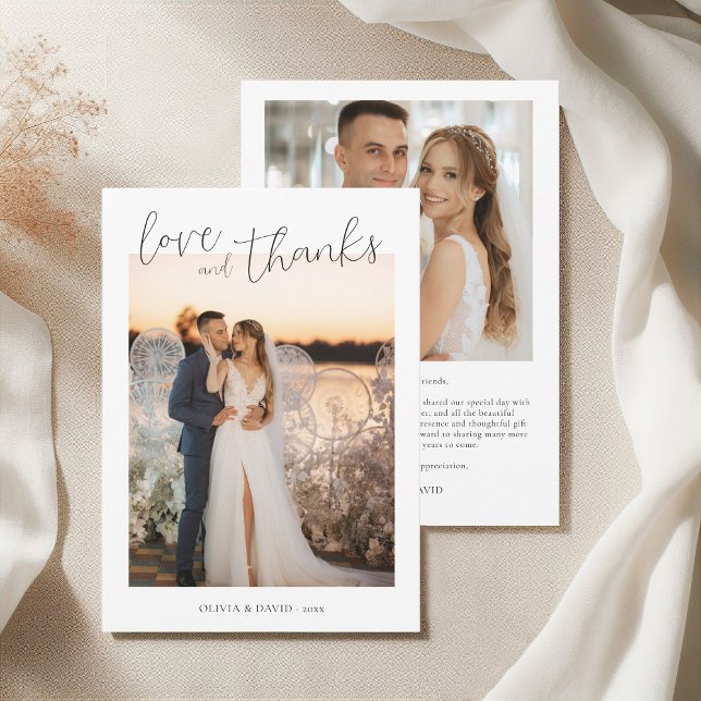 Amor y agradecimiento a Boda de escritura Minimali (Love and Thanks Minimalist Script Wedding Photo Thank You Card)