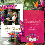 Amor y agradecimiento en el jardín tropical Foto y<br><div class="desc">Estas hermosas tarjetas de agradecimiento boda muestran su foto rodeada por una gran cantidad de flores tropicales y hojas en vibrantes tonos rosa cálido, fucsia, magenta, morado y amarillo. La leyenda dice: Amor y Gracias, con sus nombres debajo. La parte trasera tiene espacio para una nota corta y firma personalizado....</div>