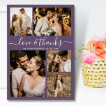 Amor y agradecimiento Script Purple 5 Photo Boda<br><div class="desc">Elegante, Minimalista Script Dusty Purple 5 Collage de fotos Boda Gracias Cartas. Moderna plantilla de tarjetas de agradecimiento boda con cinco (5) fotos en la parte delantera y una (1) foto en la parte posterior. Con el texto "Amor y gracias" en una letra de escritura tipográfica con letras a mano...</div>