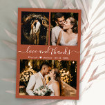 Amor y agradecimiento Script Terracotta Boda<br><div class="desc">Elegante, Moderno, Terracota Mano Boda De Collage de fotos Con Carta Gracias Tarjeta. Elegante plantilla de tarjeta de agradecimiento boda con tres fotos en la parte delantera y una en la parte posterior. Con el texto "Amor y gracias" en una letra de escritura tipográfica con letras a mano rápida en...</div>
