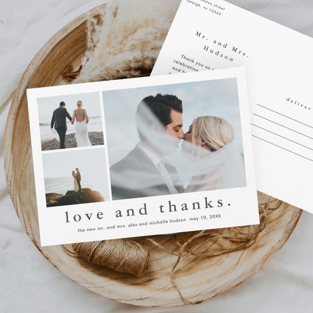 Amor y agradecimiento Tarjeta de agradecimiento de (Simple black and white love and thanks 3 photo collage wedding thank you postcard.)