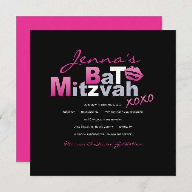 AMOR Y BESOS CALIENTES Bat Mitzvah Invitación (Anverso / Reverso)
