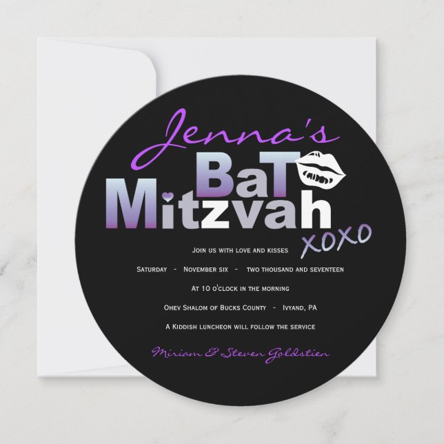 AMOR Y BESOS Invitación a Bat Púrpura Mitzvah (Anverso)