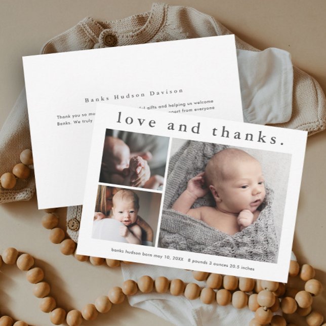 Amor y gracias 3 Foto Bebé - Tarjeta de agradecimi (Simple Typography Love and Thanks 3 Photo Collage Baby Announcement Thank You Card.)