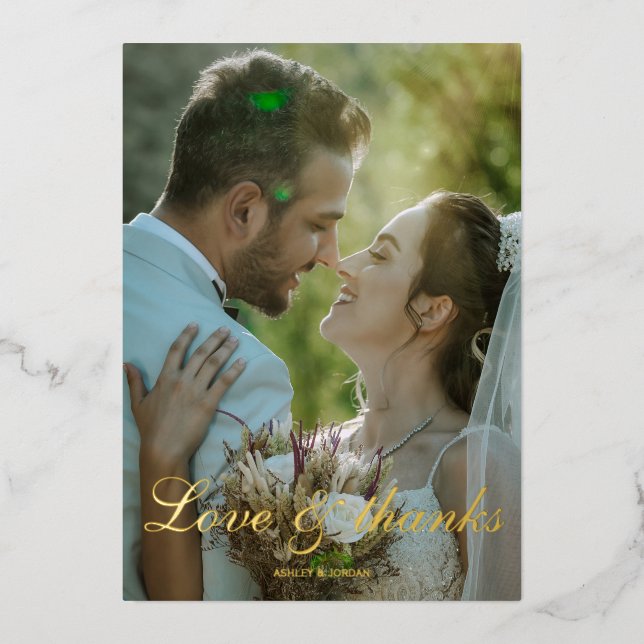 Amor y gracias Relieve metalizado oro boda tarjeta (Anverso)