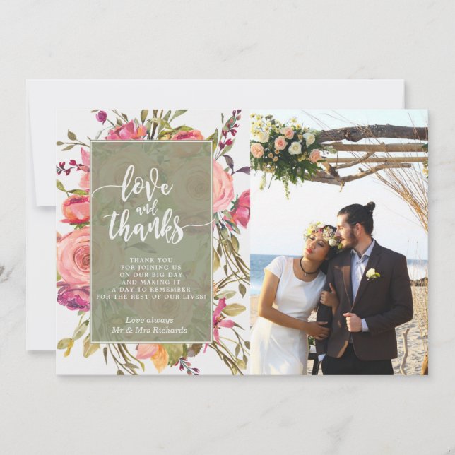 amor y gracias tarjeta de fotos boho flores rosada (Anverso)