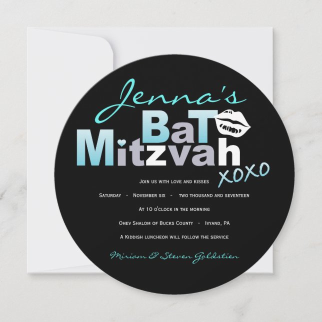 AMOR Y KISSES Turquoise Bat Mitzvah Invitación (Anverso)