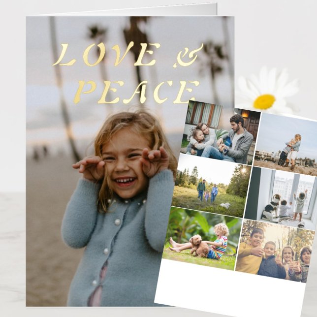 Amor y paz 8 Foto Relieve metalizado dorado doblad (Modern Gold Foil Holiday Card with 8 Photos and Holiday Message)