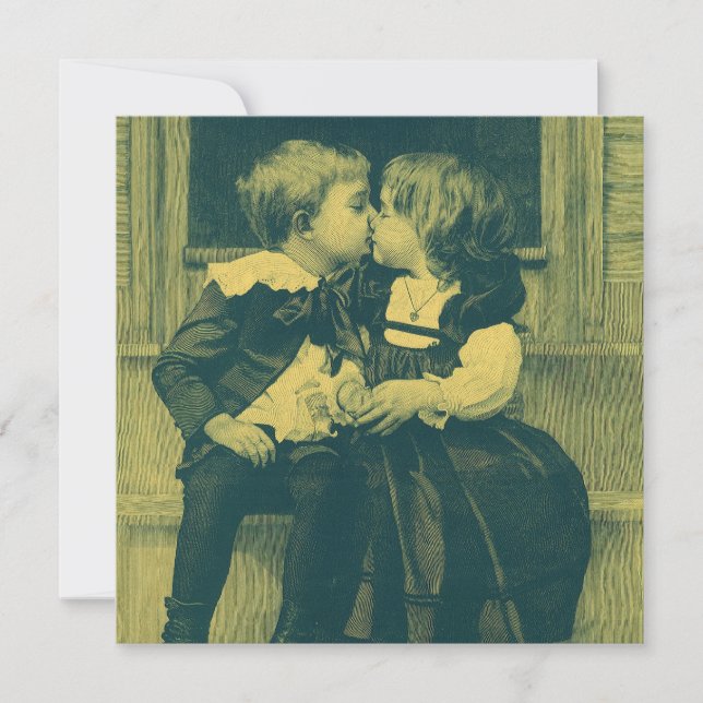Amor y romance vintage, niños besan invitación (Anverso)