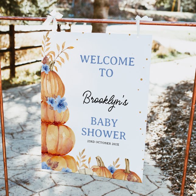 Ampliación de la foto (Boys Fall Little Pumpkin Baby Shower Welcome Sign, Blue Floral Pumpkin Welcome Autumn Baby Shower)