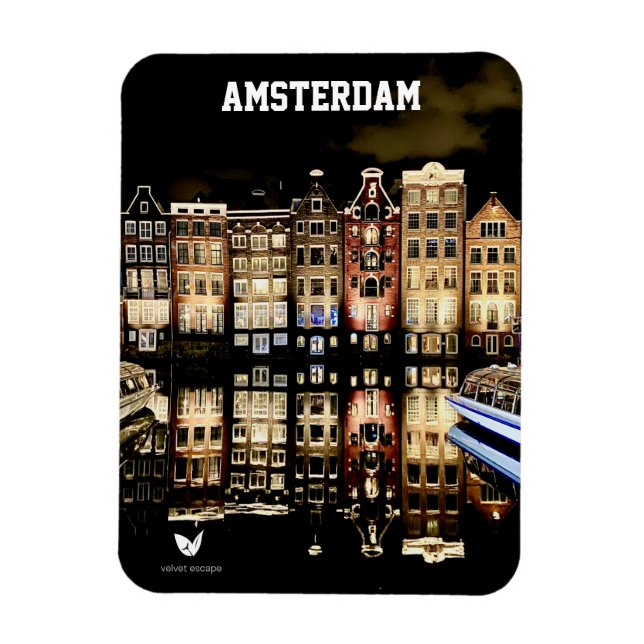Ámsterdam por noche - imán de nevera (Vertical)