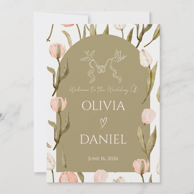 An elegant wedding invitation in olive green    (Anverso)