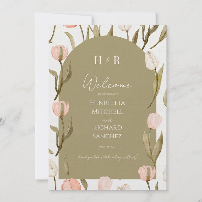 An elegant wedding invitation in olive green (Anverso)