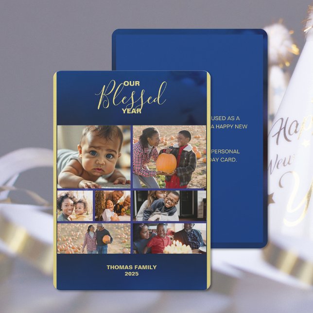 Añadir fotos con tarjeta de foto de vacaciones pla (Add Photos Blessed Year Flat Holiday Photo Card (front and back))