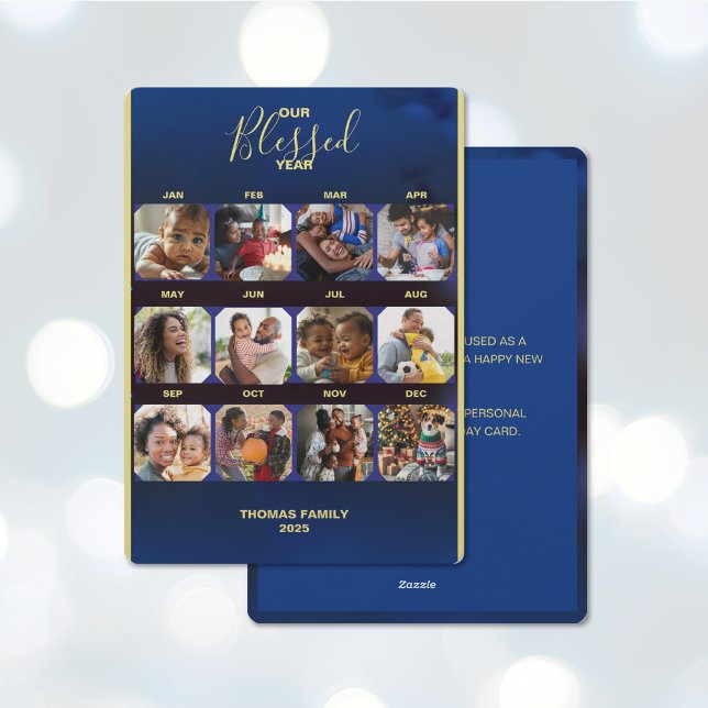 Añadir la tarjeta azul de vacaciones anual azul (Add Your Photos Bless Year Blue Flat Holiday Card (front and back))