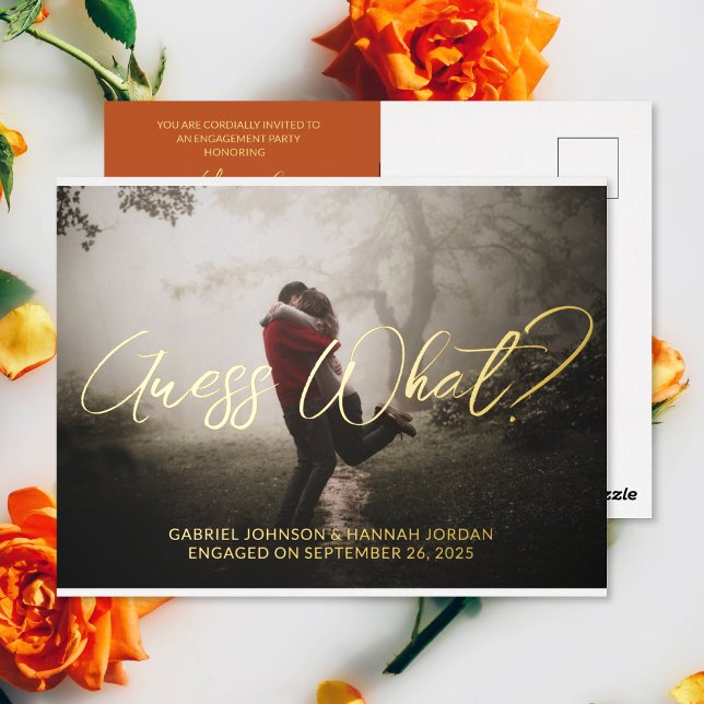Añadir postal de invitación a la fiesta de comprom (The front and back of the Add Photo Terracotta Engagement Announcement and Party Invitation postcard)