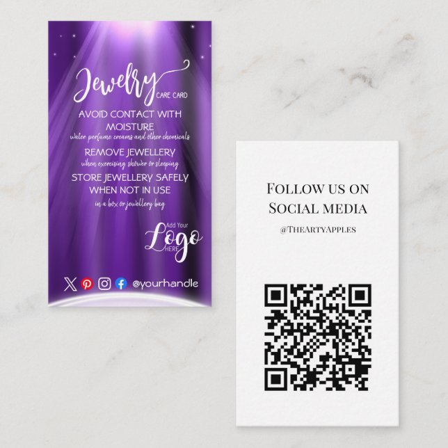 AÑADIR SUS TARJETAS DE CUIDADO DE joyería DE LOGO  (Anverso / Reverso)
